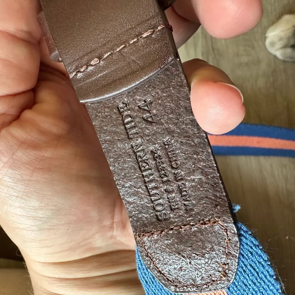 Southern Tide Blue & Orange Striped Woven Cotton Fabric Belt Dark Brown Leather